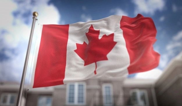 Canadian flag flying against a clear blue sky