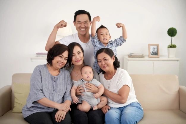 A happy multi-generational family together at home
